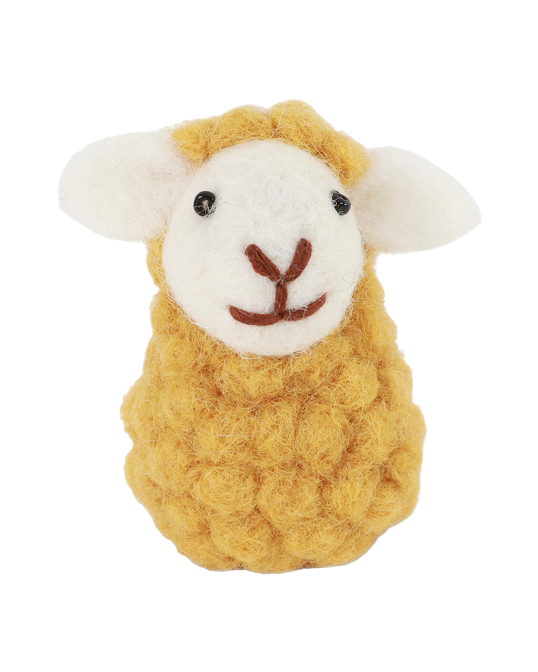 Sitzender Schaf-Filzanhänger von Gry & Sif in warmem Gelb mit strukturierter Filzwolle, freigestellt vor weißem Hintergrund.