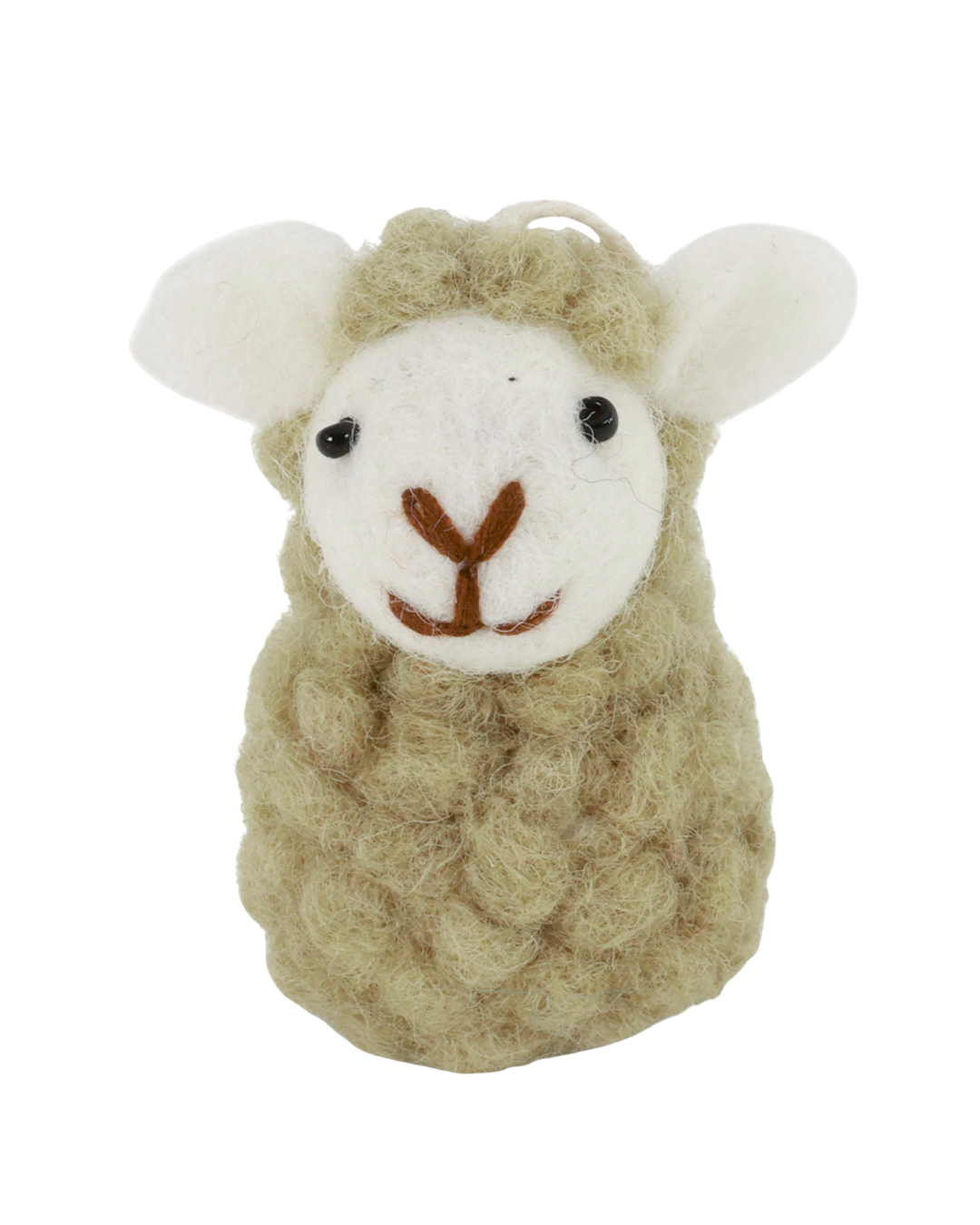 Sitzender Schaf-Filzanhänger von Gry & Sif in Olivgrün mit flauschiger Oberfläche, freigestellt vor weißem Hintergrund.