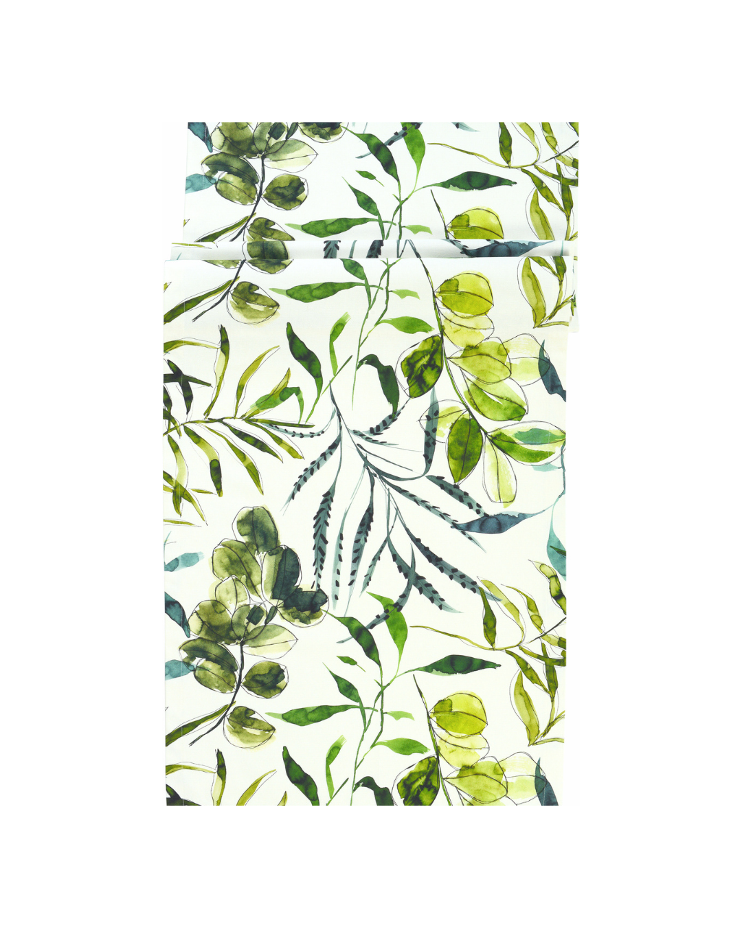Tischläufer Skane von Sander vor weißem Hintergrund. Der Stoff ist in Weiß mit aquarellartigem Blättermotiv in Grüntönen, perfekt für Zimmerpflanzen-Liebhaber und eine dekorative Tischgestaltung.