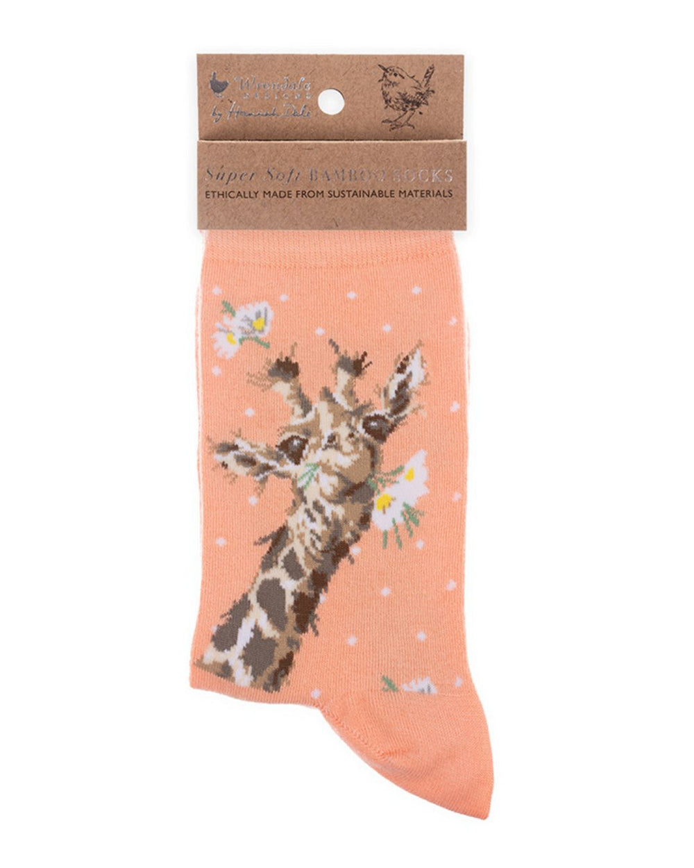 Giraffen Socken mit Papier Verpackung von Wrendale Designs.