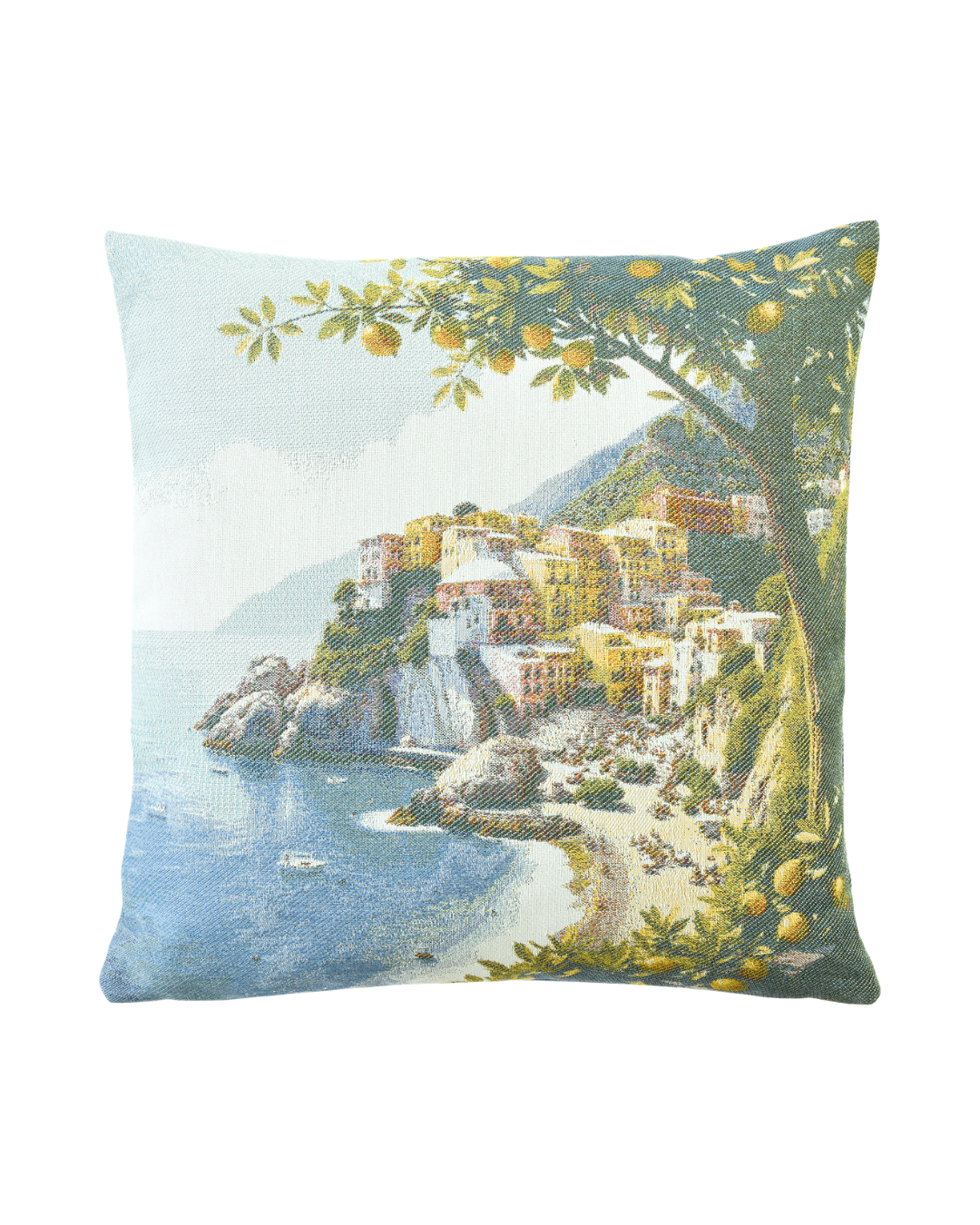 Kissenbezug Positano von Sander mit gewebter italienischer Küstenlandschaft, Meer, bunten Häusern und Zitronenbaum-Motiv