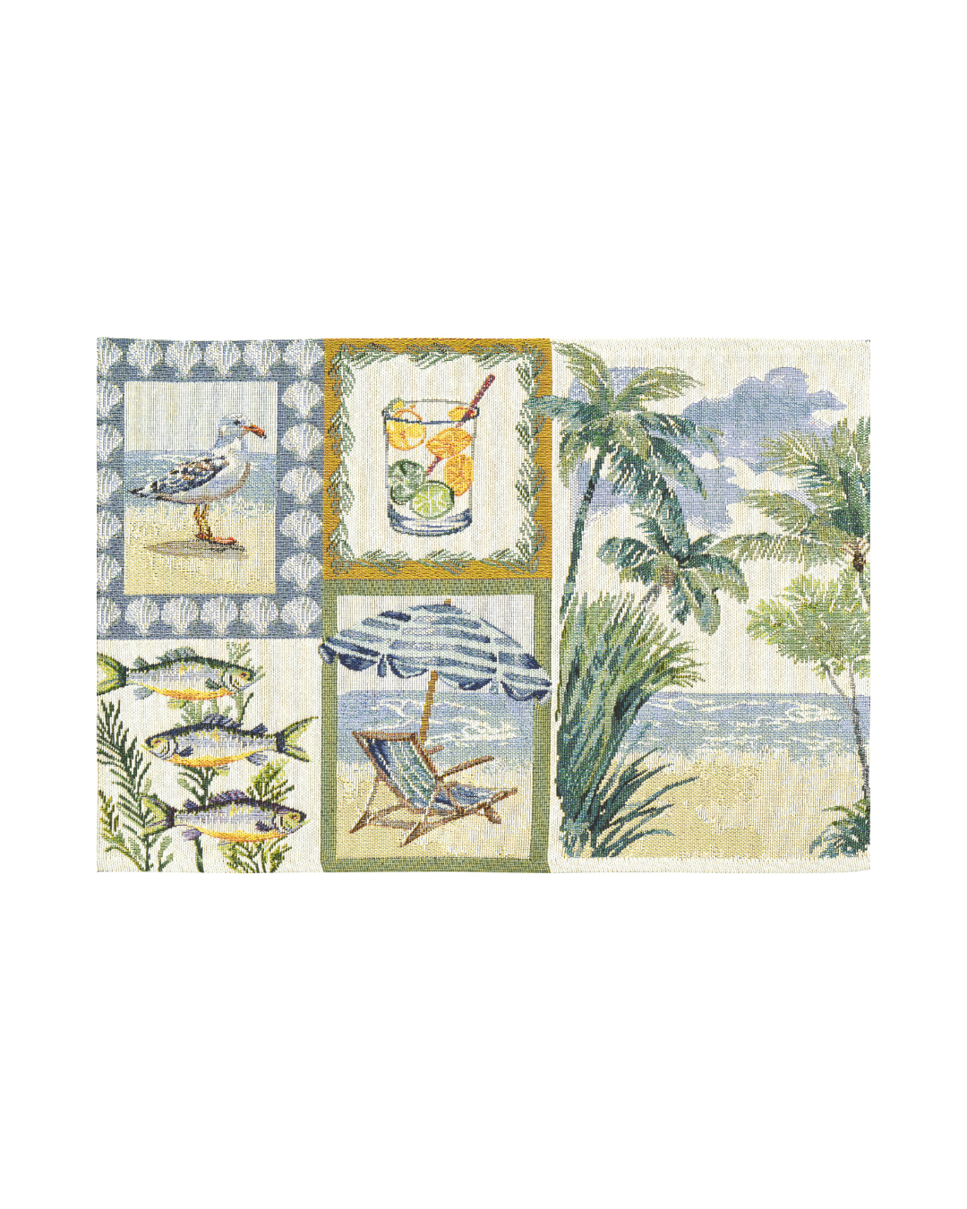 Sommer Tischset Costa 32 x 48 cm von Sander mit maritimer Collage aus Strand, Palmen, Möwe, Fischen und Cocktailmotiv