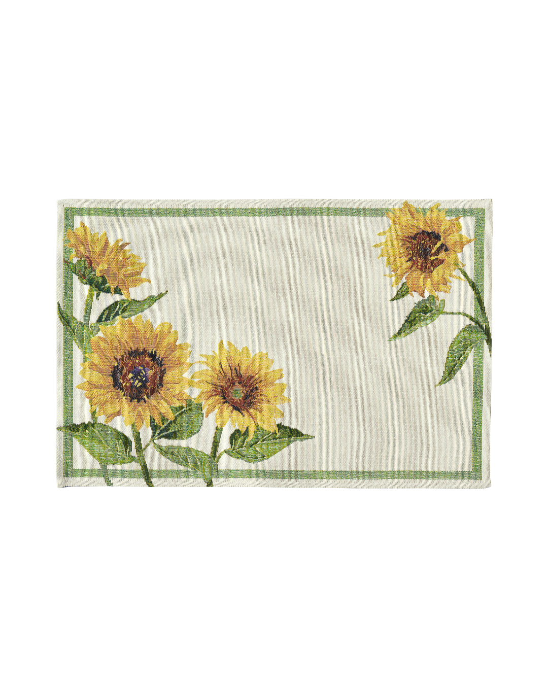 Sonnenblumen Tischset „Solea“ von Sander mit drei großen Sonnenblumen und grünem Rahmen auf hellem Grund. Das Set liegt auf weißem Hintergrund und zeigt das detaillierte Motiv.