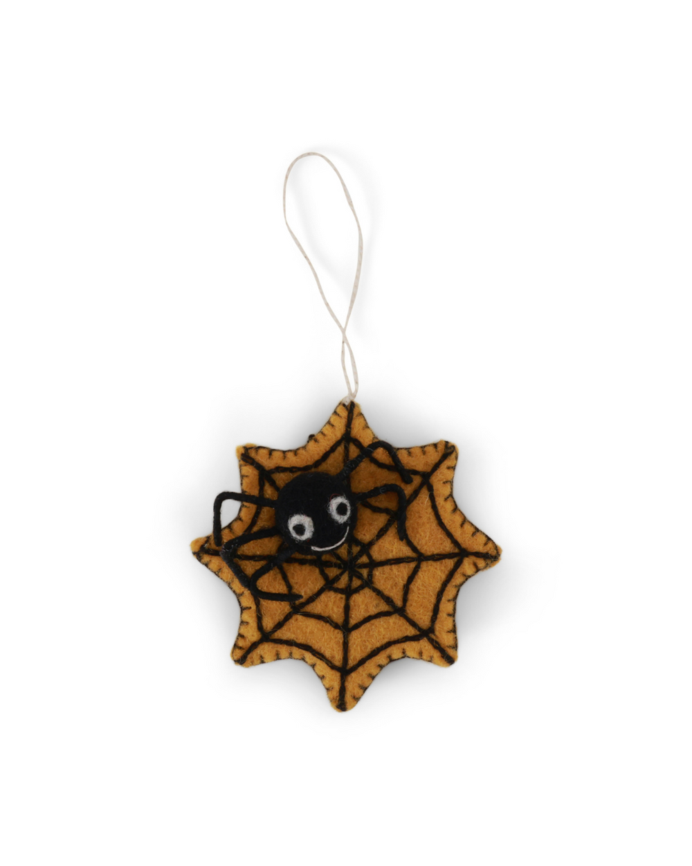 Filzanhänger „Spinne im Netz“ in Gelb von Gry & Sif mit aufgesticktem Spinnennetz und lachender Spinne – perfekte Halloween-Deko zum Aufhängen.