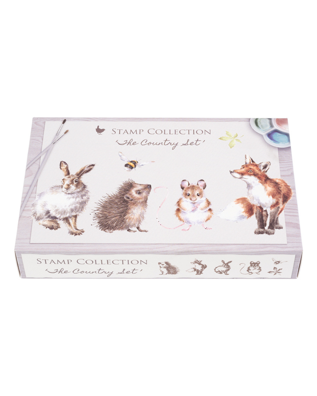 Stempel The Country Set von Wrendale Designs in einer Geschenkverpackung vor weißem Hintergrund.