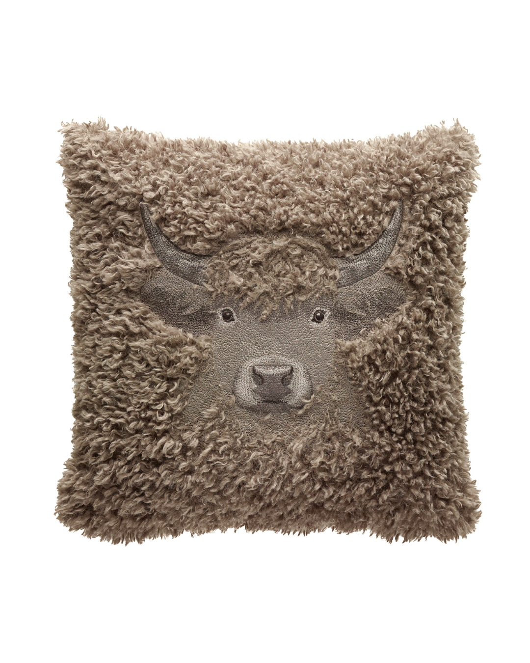 Stier Kissenbezug Toro in Braun von Sander mit flauschigem Stiermotiv vor weißem Hintergrund.