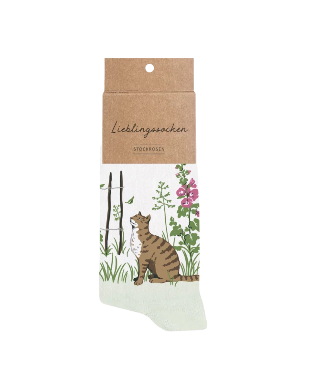 Lieblingssocken mit dem Stockrosen und Katzen Motiv vom Grätz Verlag vor weißem Hintergrund.