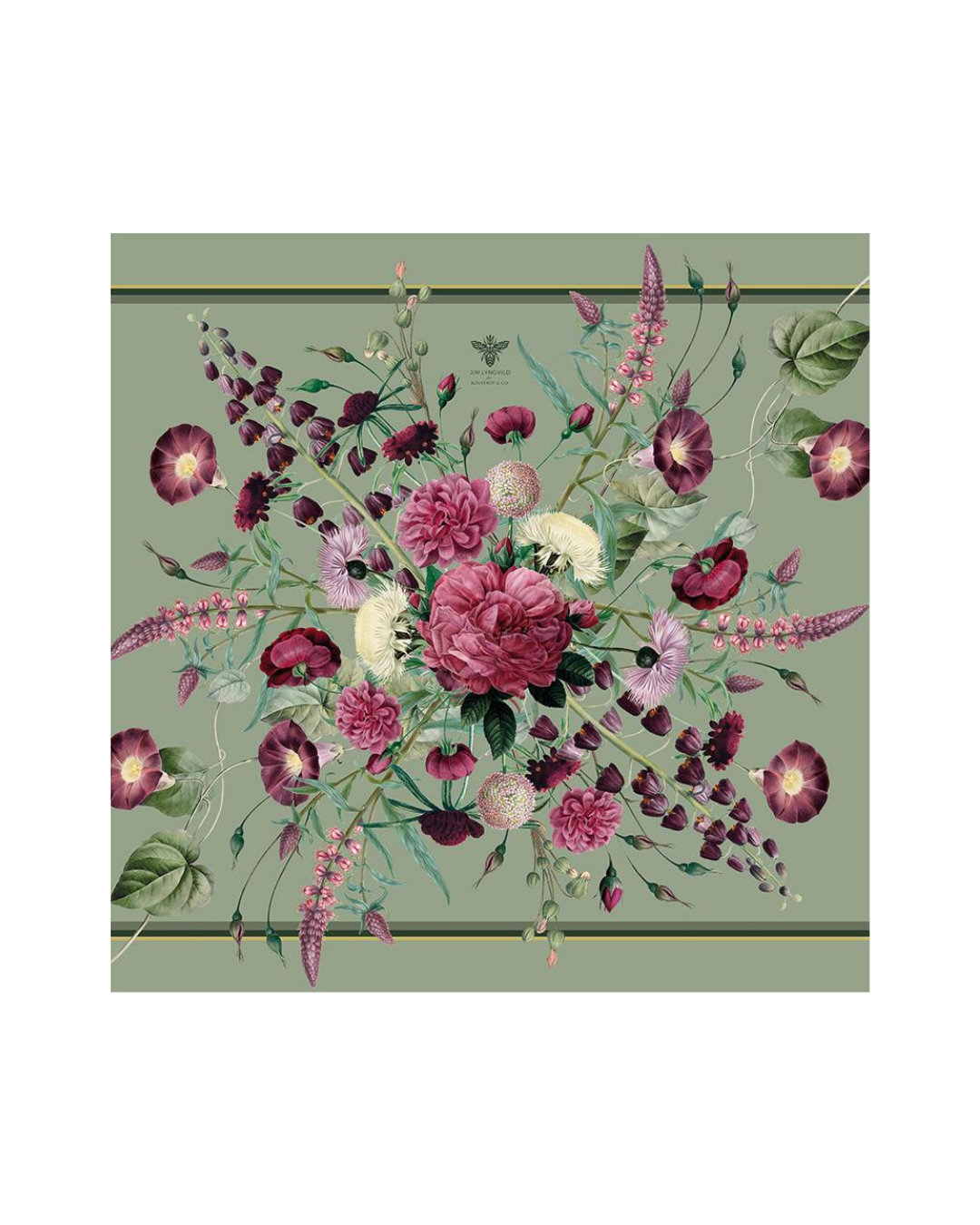 Eine nah aufgelegte, teilweise gefaltete Leinenserviette Blossom Garden von Koustrup & Co. auf weißem Hintergrund. Die Serviette zeigt zarte rosa und grüne Blumenmuster auf naturfarbenem Leinen.