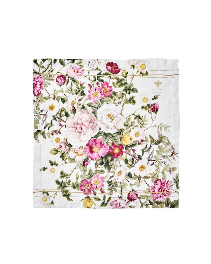 Leinenserviette "Rose Flower Garden" von Koustrup & Co., flach ausgebreitet mit Rosenmotiven in Rosa, Grün und Weiß.