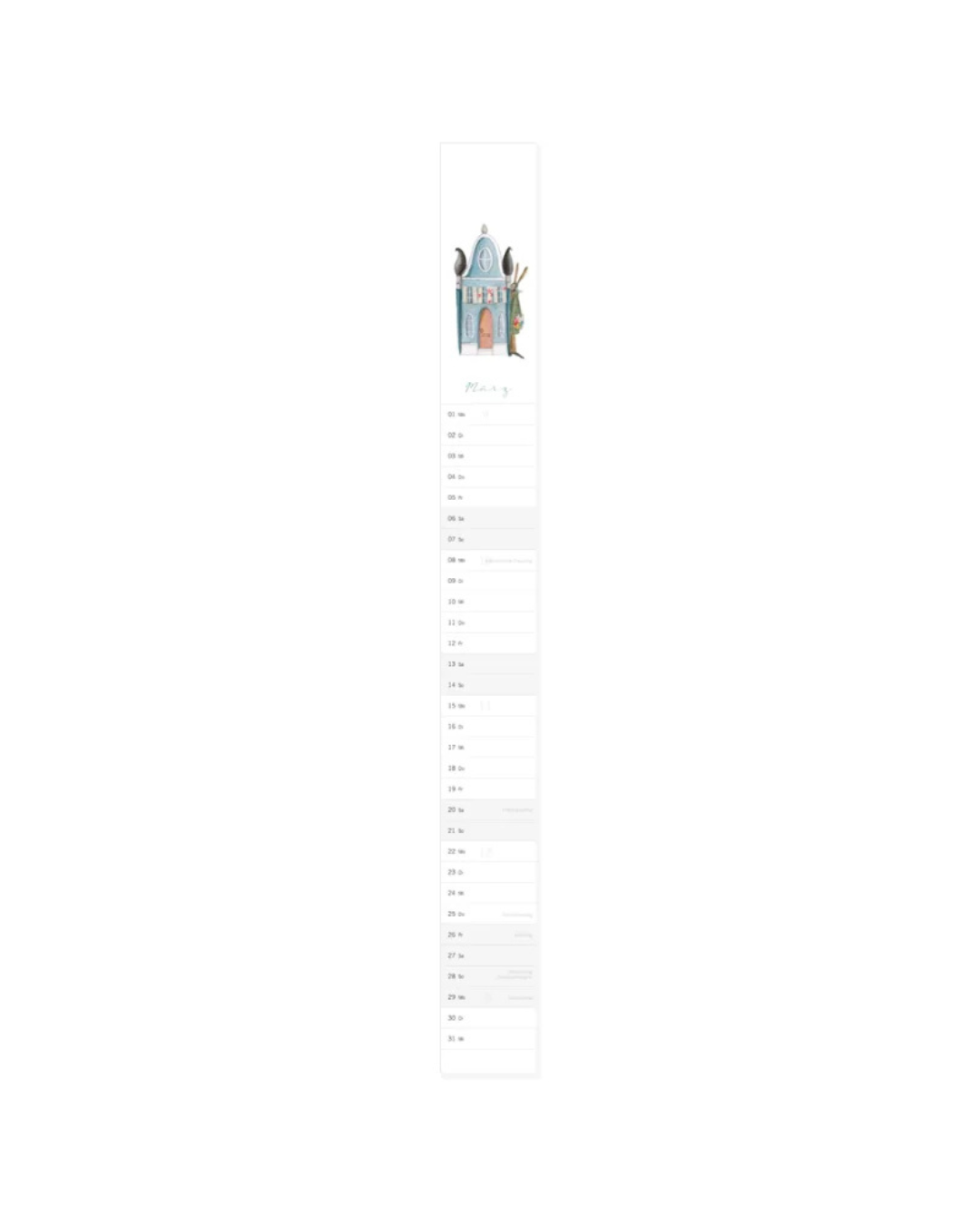 Streifenkalender "Häuser" von Grätz Verlag vor weißen HIntergrund. Zu sehen ist die Monatsübersicht März. Der Kalender ist schlicht gehalten und größtenteils weiß ganz oben ist ein kleines blaues Haus zu sehen.