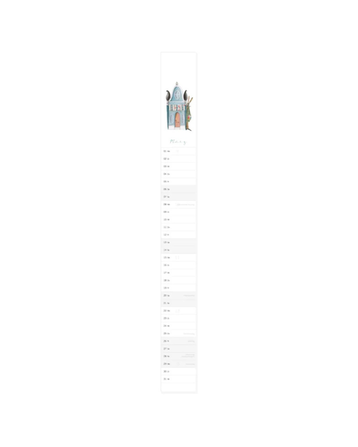 Streifenkalender "Häuser" von Grätz Verlag vor weißen HIntergrund. Zu sehen ist die Monatsübersicht März. Der Kalender ist schlicht gehalten und größtenteils weiß ganz oben ist ein kleines blaues Haus zu sehen.