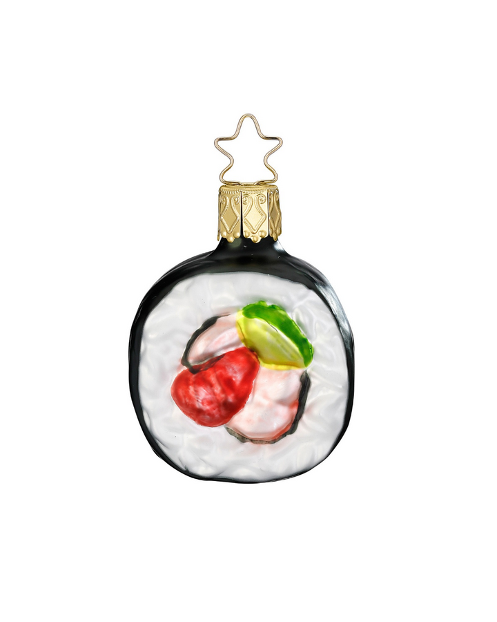 Handgefertigtes Sushi Ornament "Futo Maki" von Inge Glas mit rotem Krebsfleisch und grüner Avocado.