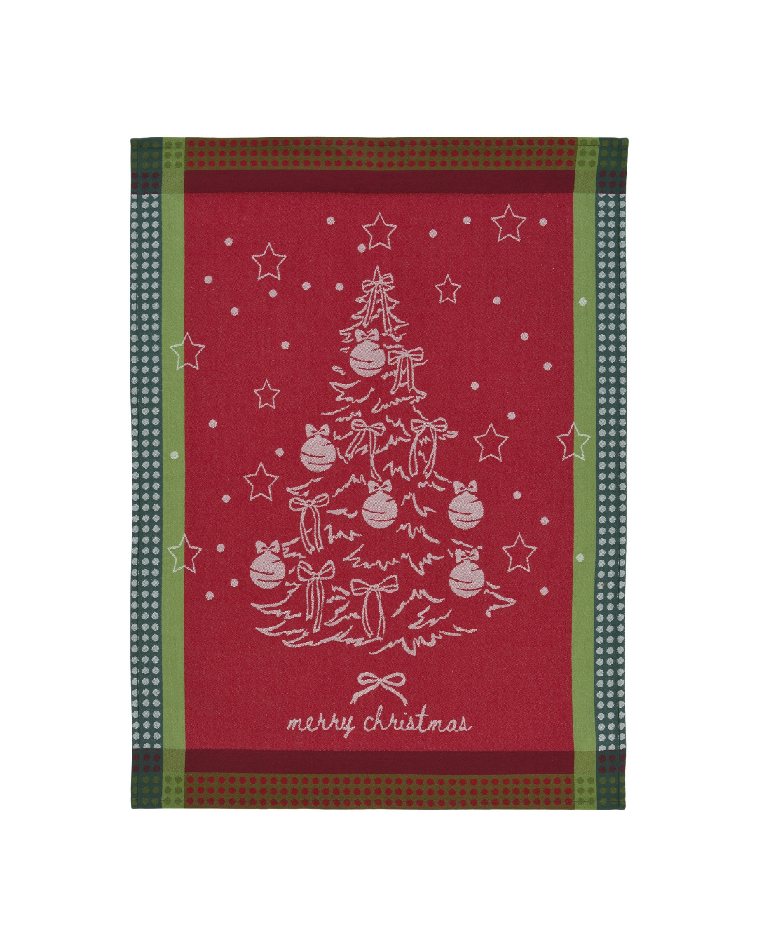 Tannenbaum Geschirrtuch "Jolly Tree" von Sander Table Home vor weißen Hintergrund. Das Tuch ist größtenteils rot mit einem grünen pünktchen Muster am Rand. Das Motiv einen dekorierten Tannenbaum mit der Aufschrift "merry christmas"