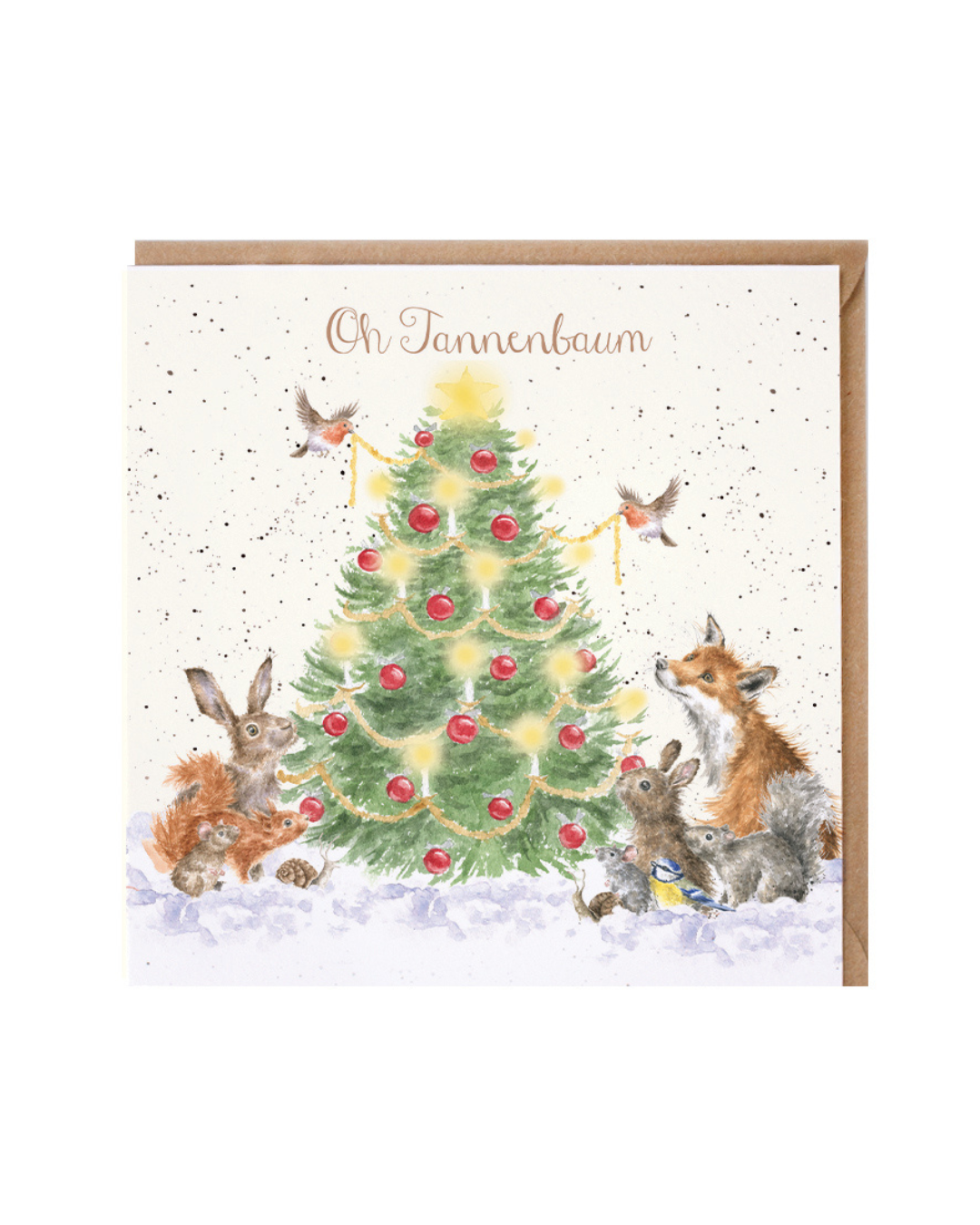 Weihnachtskarte Oh Christmas Tree mit Tannenbaum und Waldtieren von Wrendale Designs vor weißem Hintergrund.