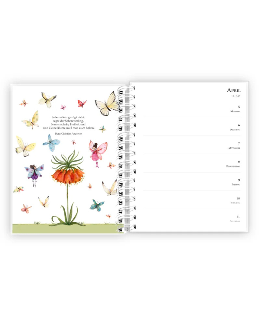 Taschenkalender 2027 "Liebe das Leben" von Grätz Verlag vor weißen Hintergrund. Der Kalender ist auf der Seite April und zeigt viele Feen und Schmetterlinge.