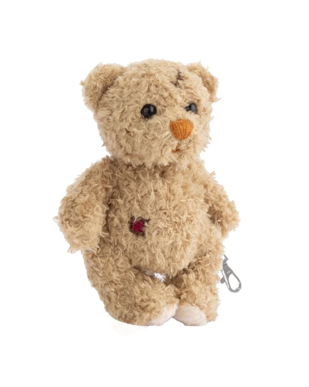 Teddy Schlüsselanhänger "Nobody is perfect" von Bukowski Design vor weißen Hintergrund. Der Bär hat weiches Fell eine orangene Nase und ein kleines rotes Herz am Bauch.