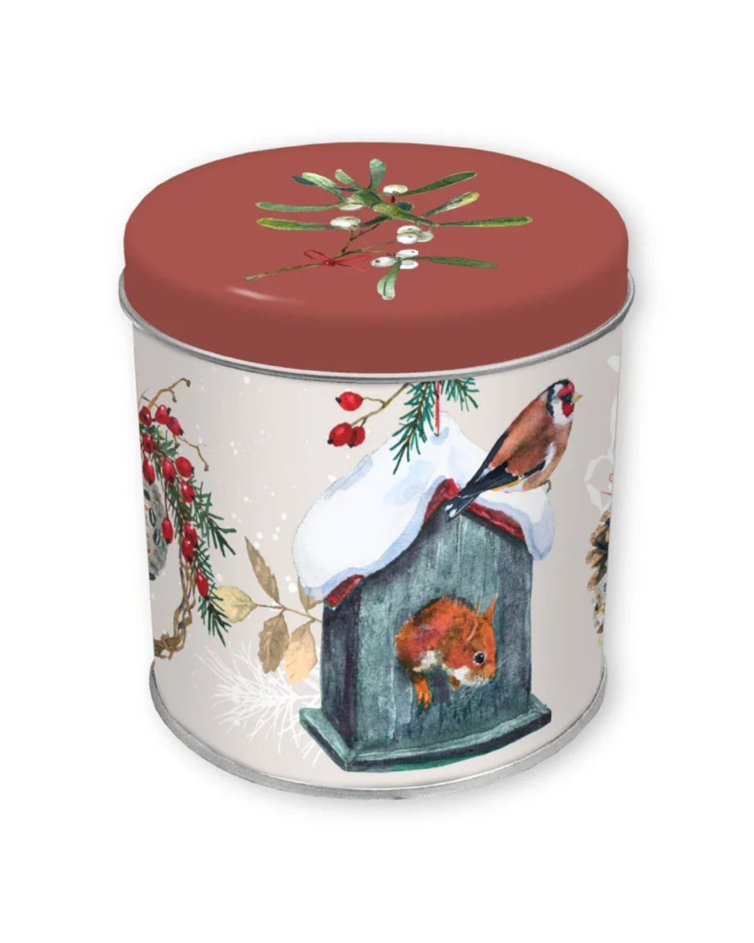 Teedose "Am Vogelhaus" vom Grätz Verlag vor weißen Hintergrund. Das Motiv zeigt ein  blaues Vogelhaus mit einem Eichhörnchen und einem Vogel auf dem Dach. im Hintergrund sind Beeren und Pflanzen zu sehen die Teedose ist winterlich gestaltet.