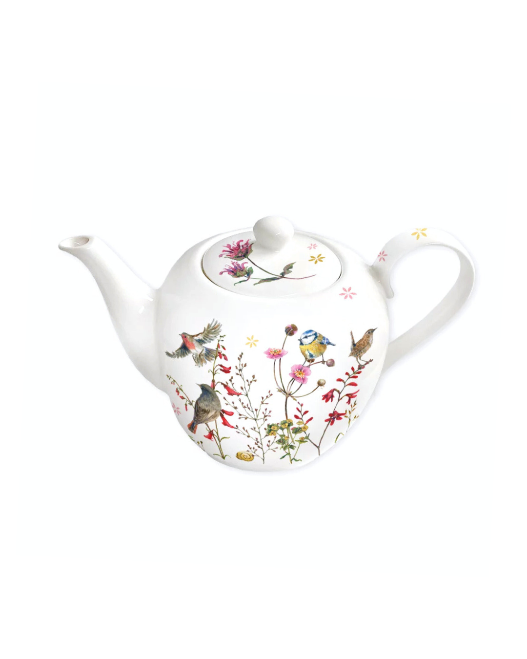 Teekanne Zeit für Harmonie vom Grätz Verlag mit Vogel- und Blumenmotiven von Daniela Drescher vor weißem Hintergrund.