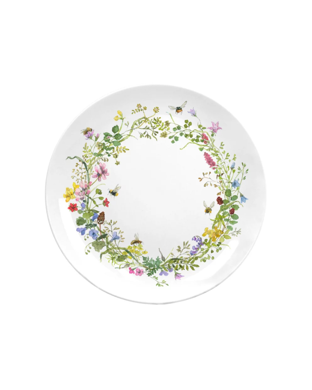 Frühstücksteller Wilde Bienen vom Grätz Verlag mit Blumenkranz und Bienenmotiv von Daniela Drescher vor weißem Hintergrund.