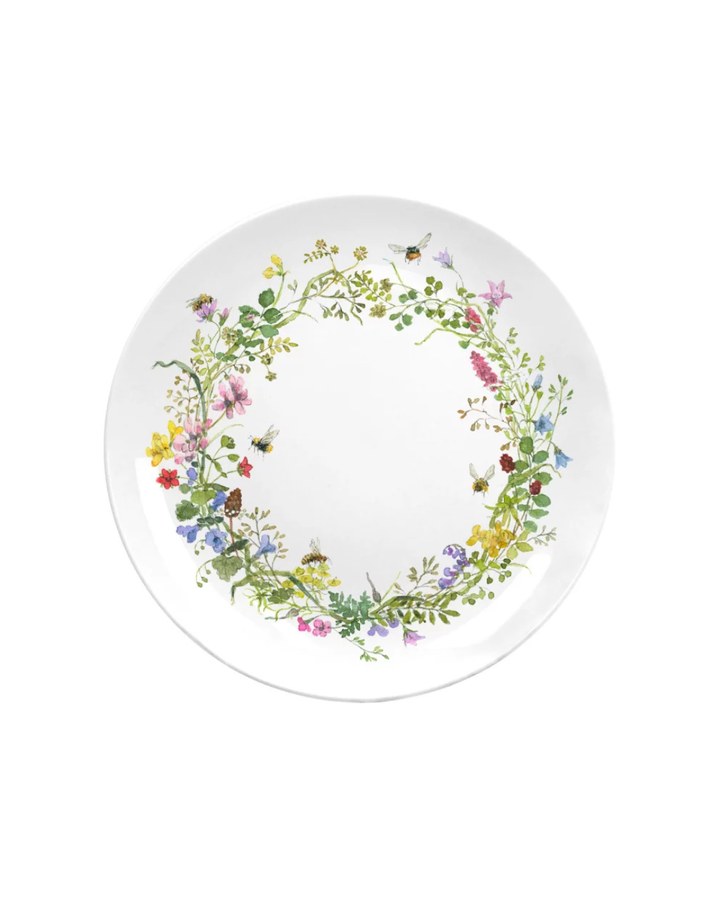 Frühstücksteller Wilde Bienen vom Grätz Verlag mit Blumenkranz und Bienenmotiv von Daniela Drescher vor weißem Hintergrund.