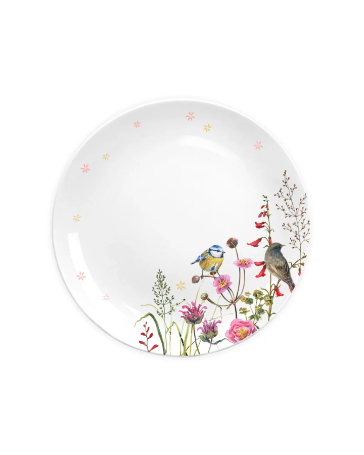 Frühstücksteller Zeit für Harmonie vom Grätz Verlag mit Vögeln und Blumenmotiv vor weißem Hintergrund.