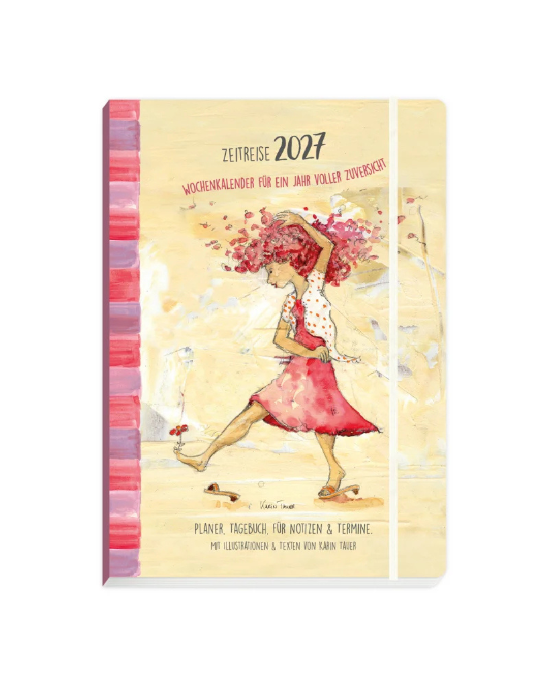 Terminplaner 2027 Zeitreise vom Grätz Verlag vor weißen Hintergrund. Das Design ist ein buntes Mädchen welches harmonisch vor einem gelben Hintergrund post. 