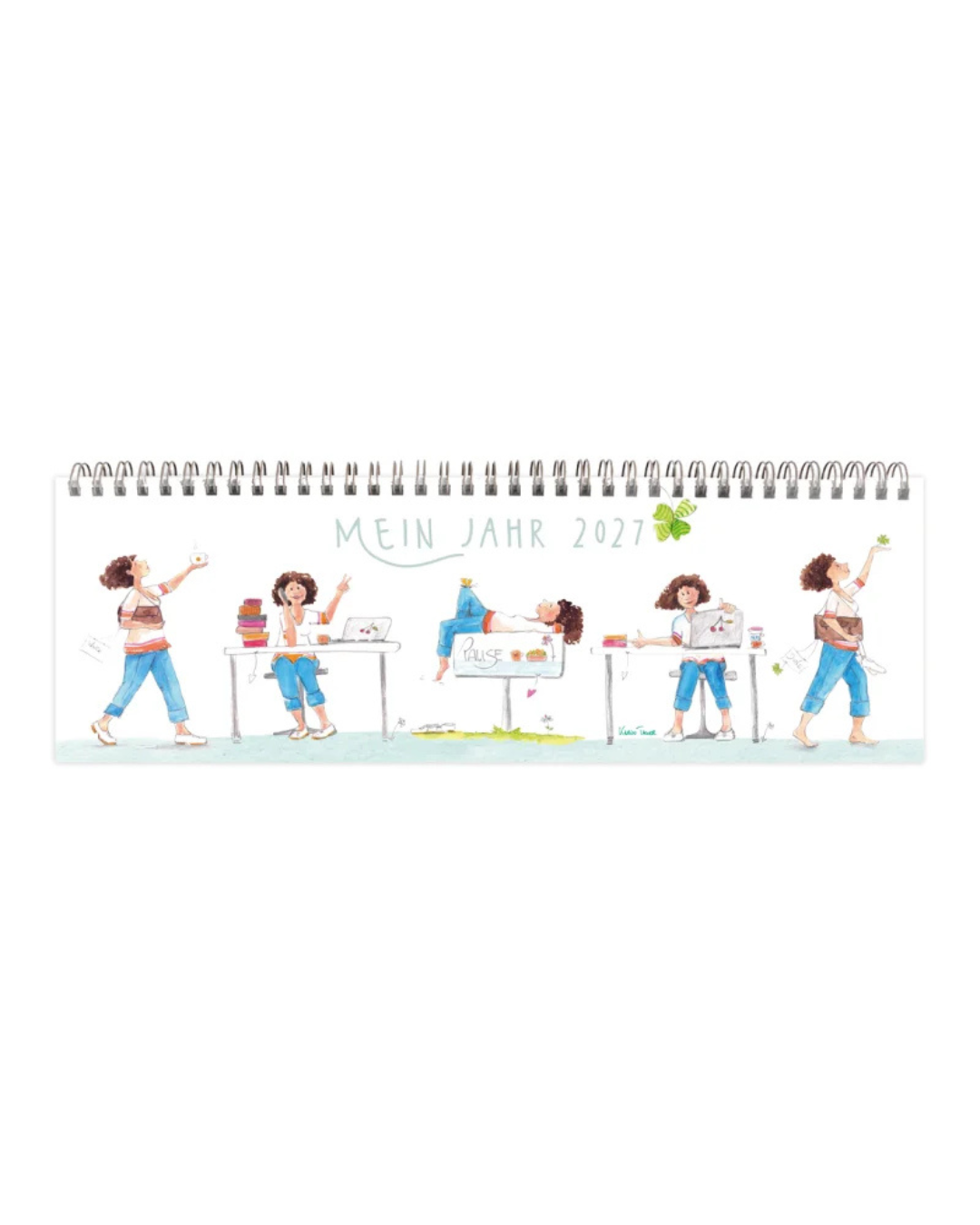 Tischkalender Frauenpower vom Grätz Verlag. Zu sehen ist das Deckblatt mit einer braunhaarigen Frau, welche eine helle Blouse und eine blaue Jeans trägt. Sie ist in fünf verschiedenen Ausführungen zdargestellt. Je zwei mal seitlich laufend mit Tasse bzw. Kleeblatt in der Hand, zwei mal am Schreibtisch sitzend mit Laptop und Büchern und in der Mitte der Darstellung liegend auf einem "Pause"- Schild.