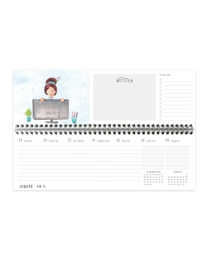 Tischkalender Frauenpower vom Grätz Verlag. Zu sehen ist die KW1  mit einer braunhaarigen Frau, welche vor einem großen Bildschirm sitzt und diesen mit beiden Händen am oberen Rand greift. Neben dem Bildschirm steht ein Pflänzchen und ein Stifthaltern. Zu sehen ist ein Feld für Notizen, rechts daneben Spalten für to-do's auf der oberen Kalenderhälfte. Auf der unteren Kalenderseite sind Wochentage und Datum aufgeführt.