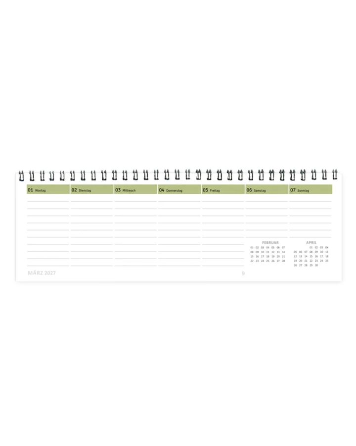 Kalenderseite mit Wochentagsansicht von Montag bis Sonntag. Ebenfalls in Miniaturansicht sind Vorgänger- und Nachfolgemonat im unteren rechten Seitenabschnitt aufgeführt.