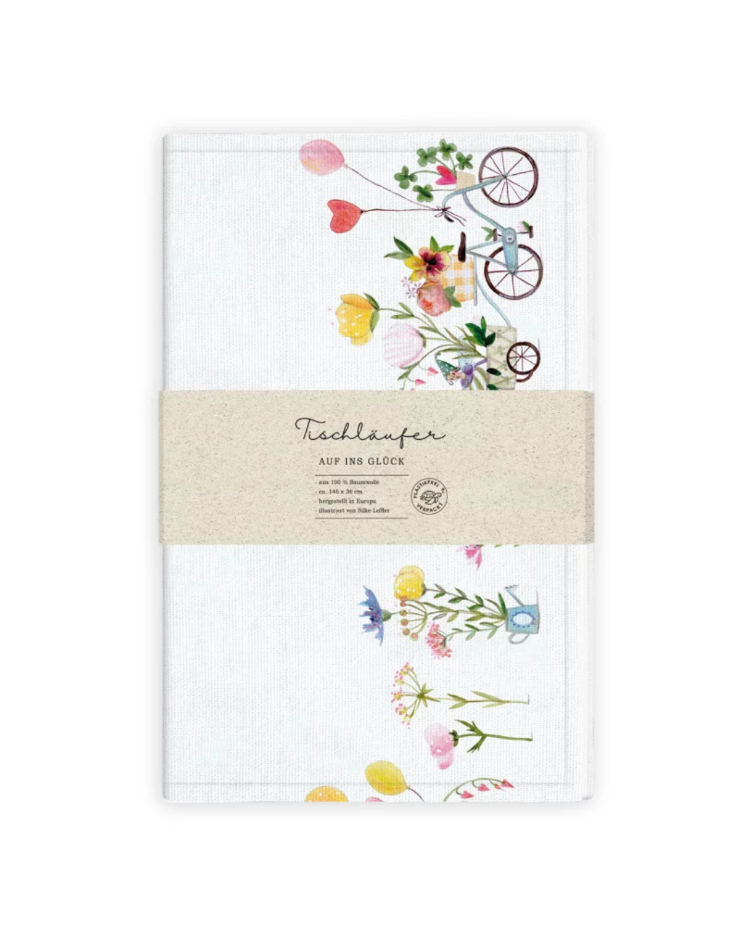 Tischläufer „Auf ins Glück“ vom Grätz Verlag mit floralem Motiv, Fahrrad-Illustration und verspielten Details von Silke Leffler auf hellem Stoff