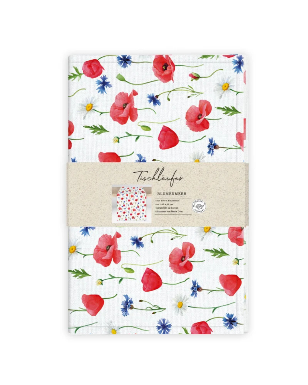 Tischläufer „Blumenmeer“ vom Grätz Verlag mit roten Mohnblüten, blauen Kornblumen und floralen Illustrationen von Maria Over auf hellem Stoff