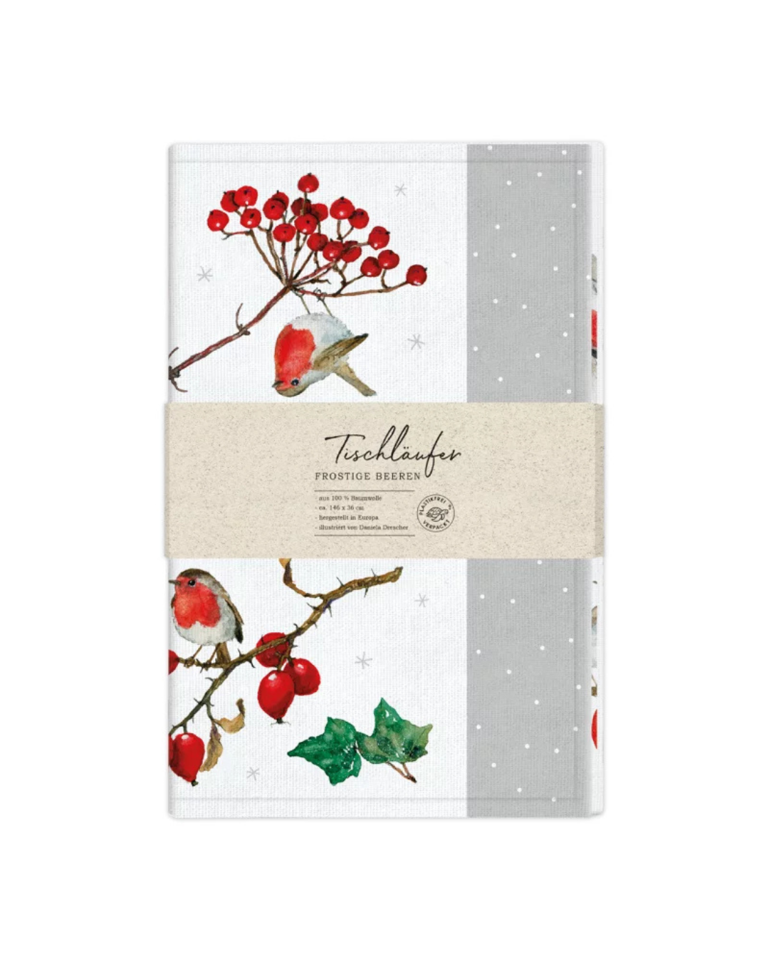 Tischläufer „Frostige Beeren“ vom Grätz Verlag mit winterlichen Vogelillustrationen, roten Beerenzweigen und grauem Randdesign von Daniela Drescher