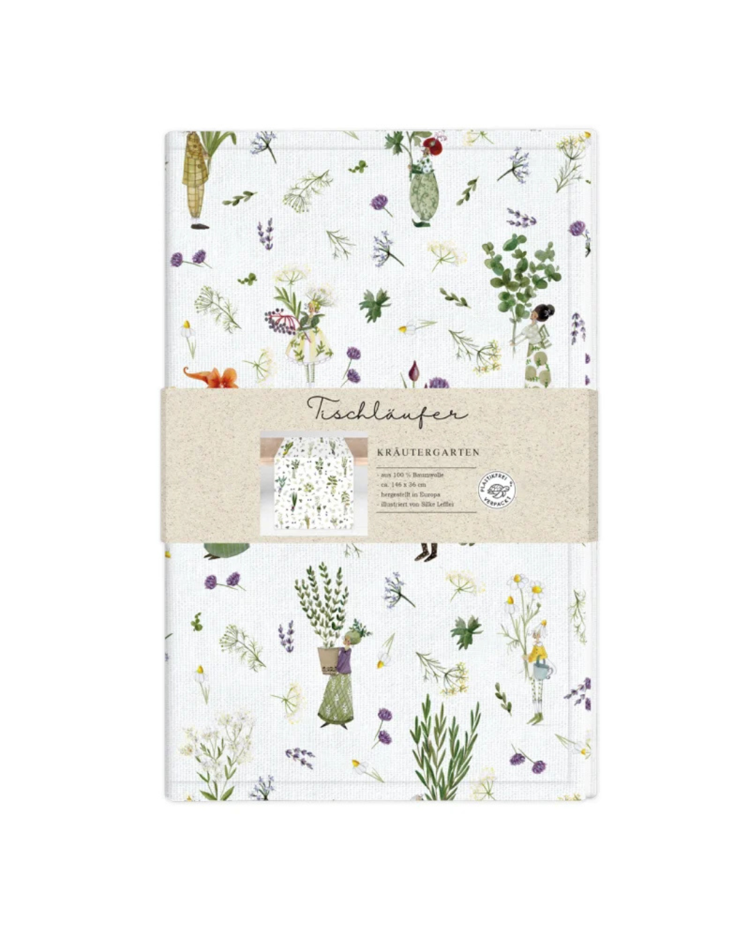 Tischläufer „Kräutergarten“ vom Grätz Verlag mit illustrierten Kräutern, Blumen und Figuren im typischen Stil von Silke Leffler