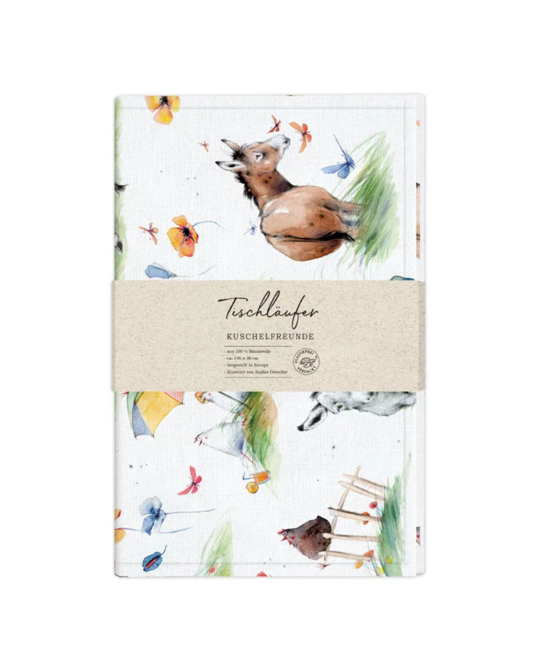 Tischläufer „Kuschelfreunde“ vom Grätz Verlag mit tierischen Illustrationen, darunter Reh und Huhn, im verspielten Stil von Sophia Drescher