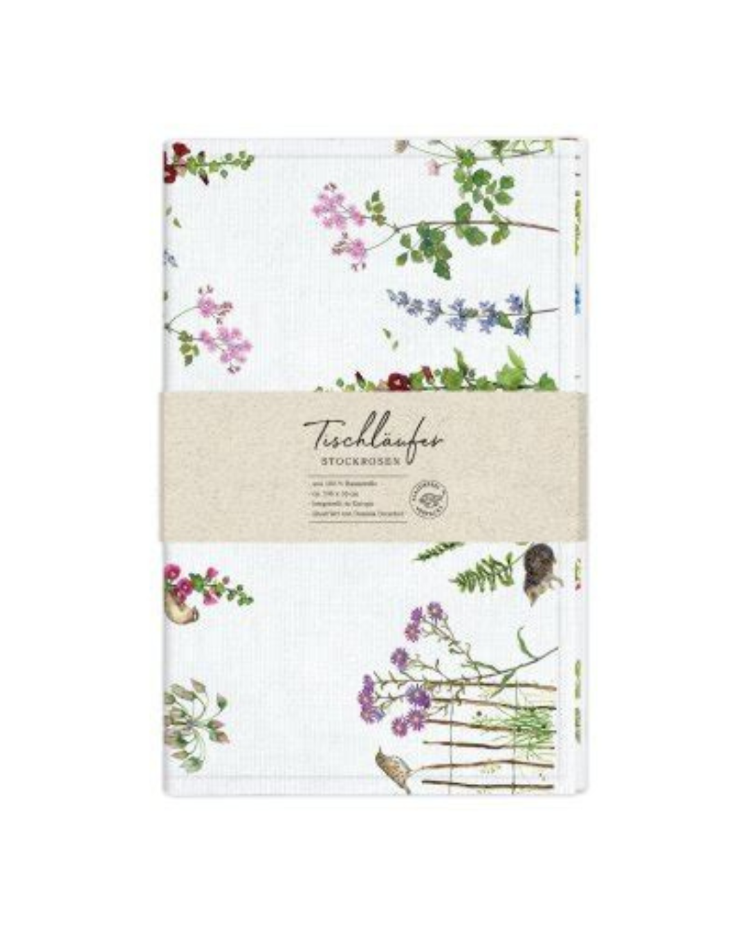 Tischläufer „Stockrosen“ vom Grätz Verlag, gefaltet mit Papierbanderole, florale Stockrosenillustrationen und kleine Katzenmotive, Design von Daniela Drescher