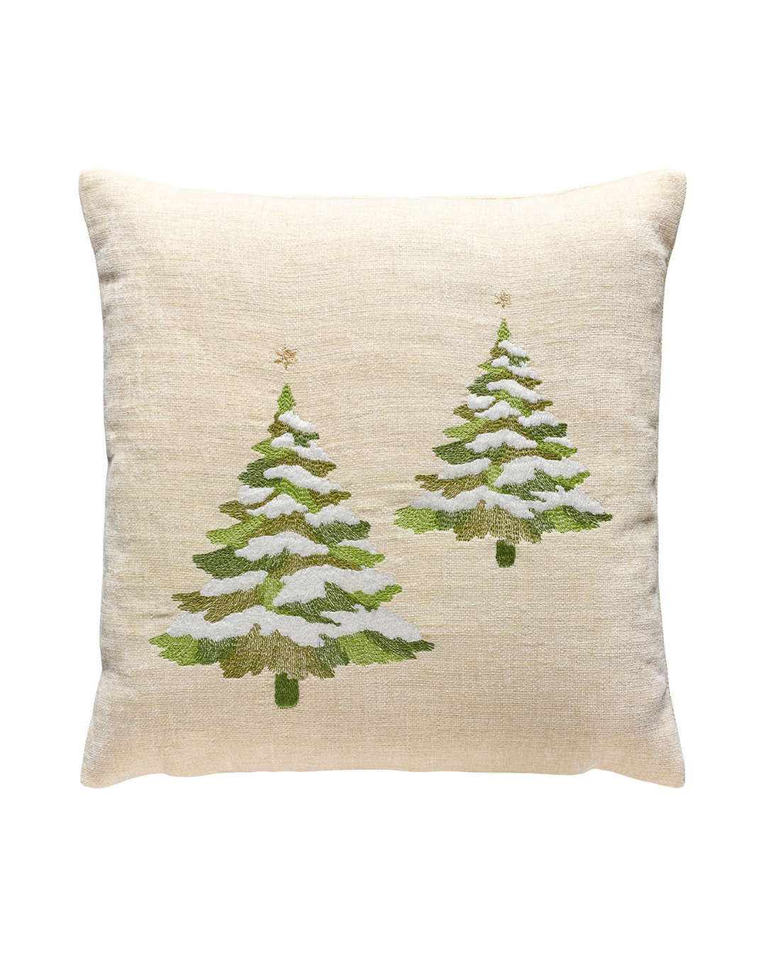 Hochwertig bestickter Tree Kissenbezug von Sander mit zwei verschneiten Weihnachtsbäumen.