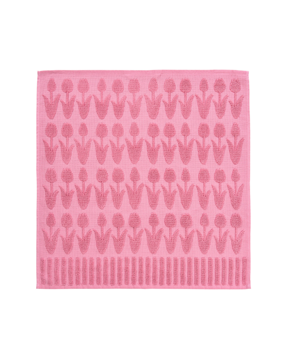 Rosa Frottiertuch Primavera von Sander mit plastisch gewebtem Tulpenmotiv und strukturierter Oberfläche.