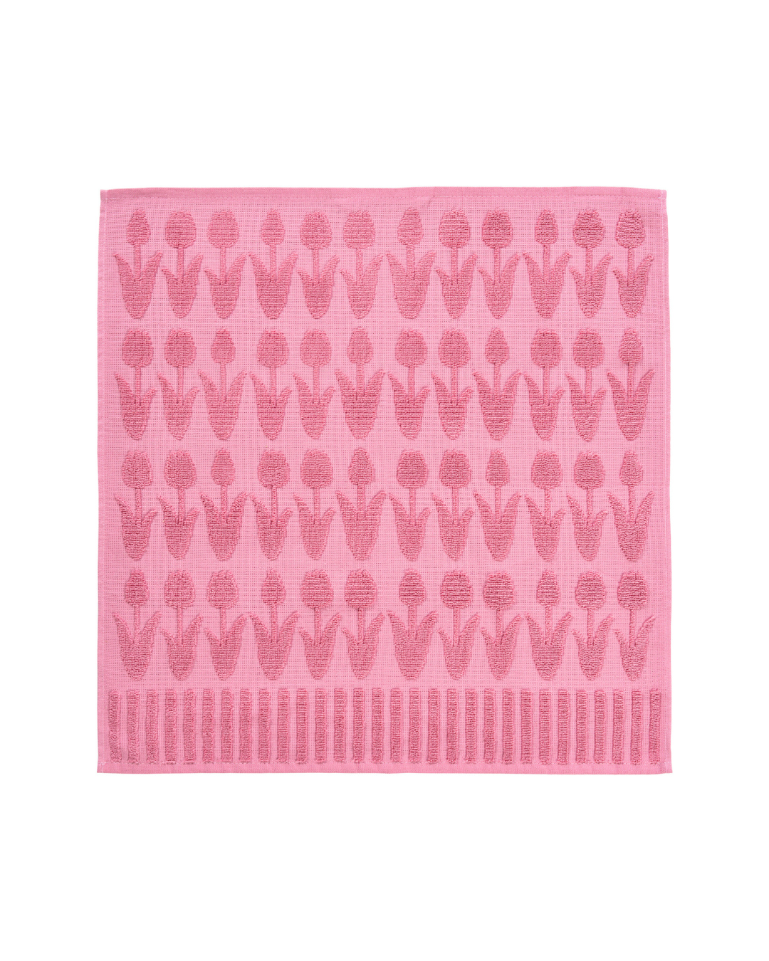 Rosa Frottiertuch Primavera von Sander mit plastisch gewebtem Tulpenmotiv und strukturierter Oberfläche.