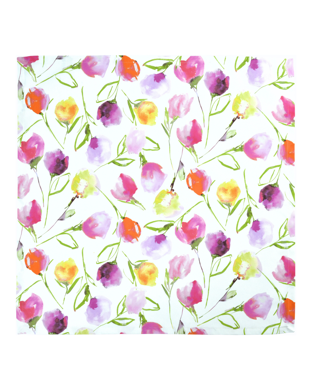 Die Tulpen Tischdecke „Fresh Tulips“ von Sander zeigt ein farbenfrohes Allover-Tulpenmotiv in Rosa, Gelb, Lila und Grün auf hellem Hintergrund.