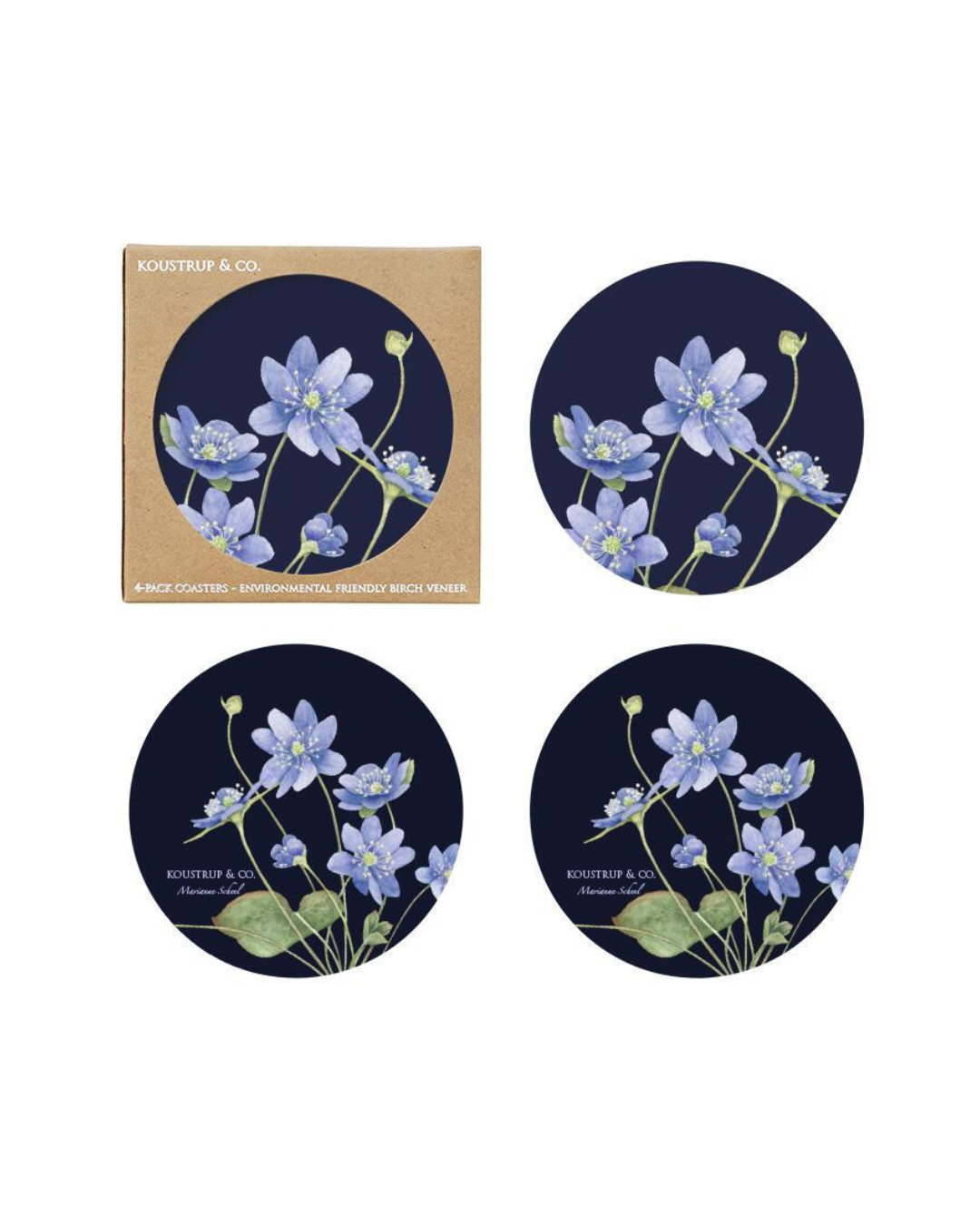 4er Set Untersetzer "Blaue Anemonen" von Koustrup & co mit 2 ähnlichen dunkelblauen Blumenmotiven vor weißen Hintergrund.