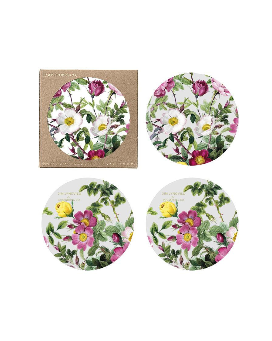 4er Set Untersetzer "Rose Flower Garden" von Koustrup & co mit 2 vielfältigen Blumenmoiven auf weißem Hintergrund. 
