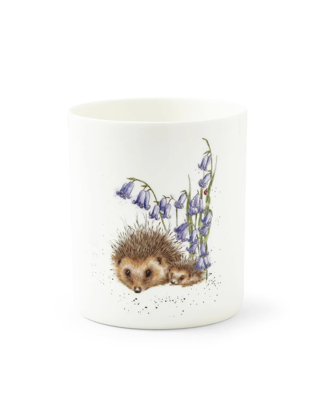 Igel Utensilien Aufbewahrung "Royal Worchester" aus Porzellan von Wrendale Designs vor weißen Hintergrund. Das Produkt ist größtenteils weiß. Das Motiv zeigt einen großen und einen kleineren Igel welche neben 2 Pflanzen mit einander kuscheln.