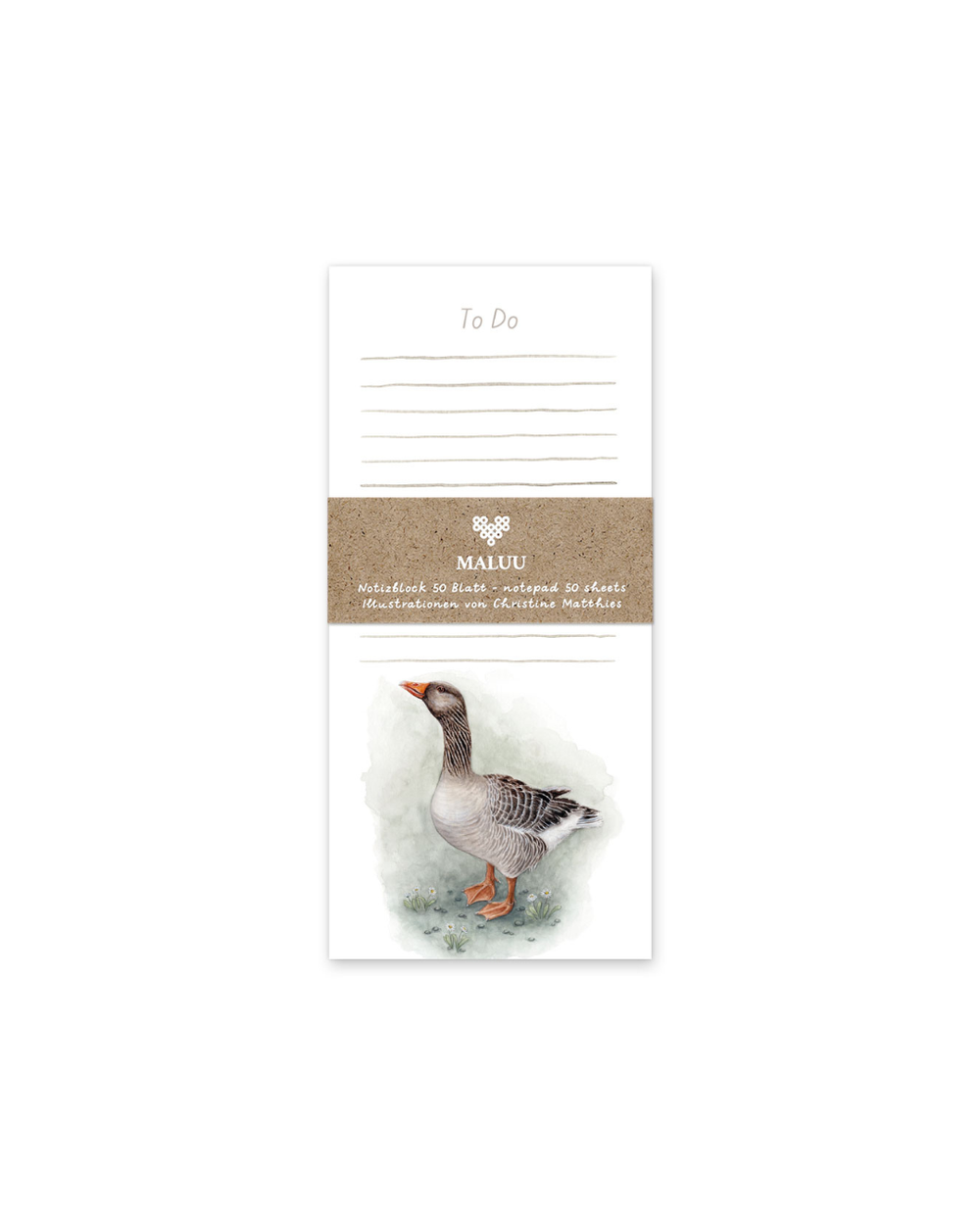 Notizblock „Country Goose“ von Maluu mit Verpackungsband und Aquarellillustration einer Gans