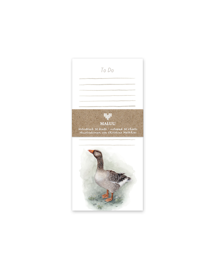 Notizblock „Country Goose“ von Maluu mit Verpackungsband und Aquarellillustration einer Gans