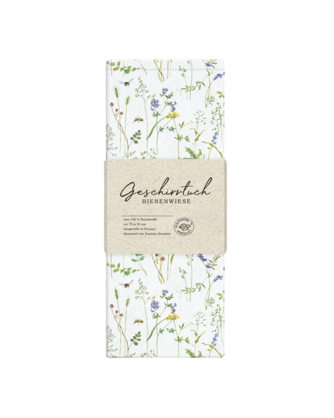 Ein weißes Baumwoll-Geschirrtuch mit Bienenwiesen-Motiv, detailreich mit Blüten, Halmen und Bienen noch verpackt.