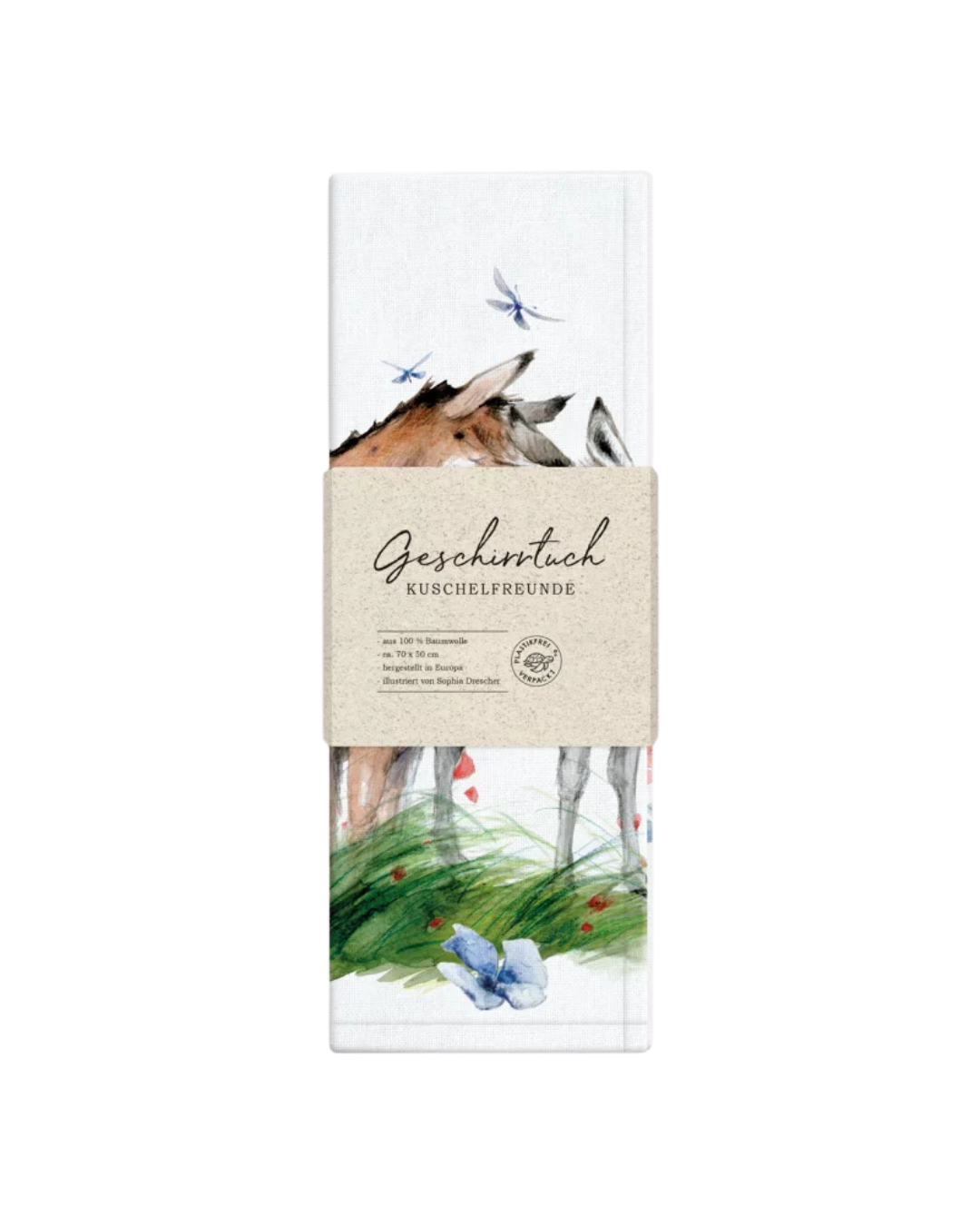 Verpacktes Geschirrtuch „Kuschelfreunde“ vom Grätz Verlag. Auf der sichtbaren Illustration sind die Beine der beiden Esel sowie grüne Wiese, Mohnblumen und Schmetterlingen abgebildet, die für eine idyllische Sommerstimmung sorgen.