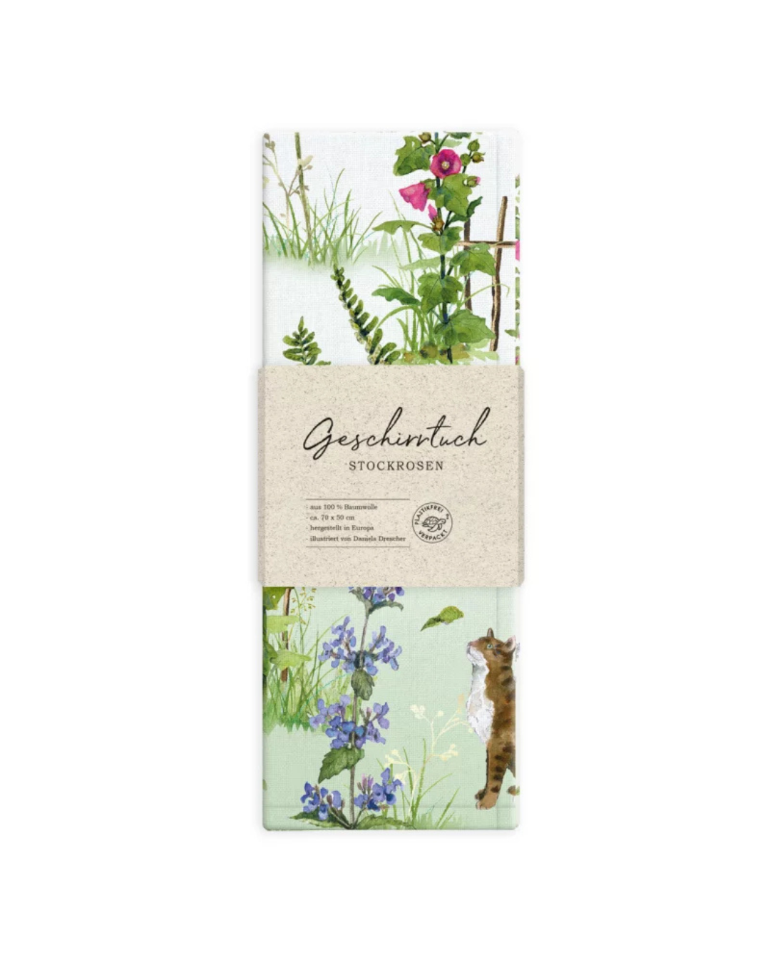 Detailansicht der Verpackung des Geschirrtuchs Stockrosen vom Grätz Verlag. Abgebildet sind Katzen, bunte Blüten und Naturmotive von Daniela Drescher.