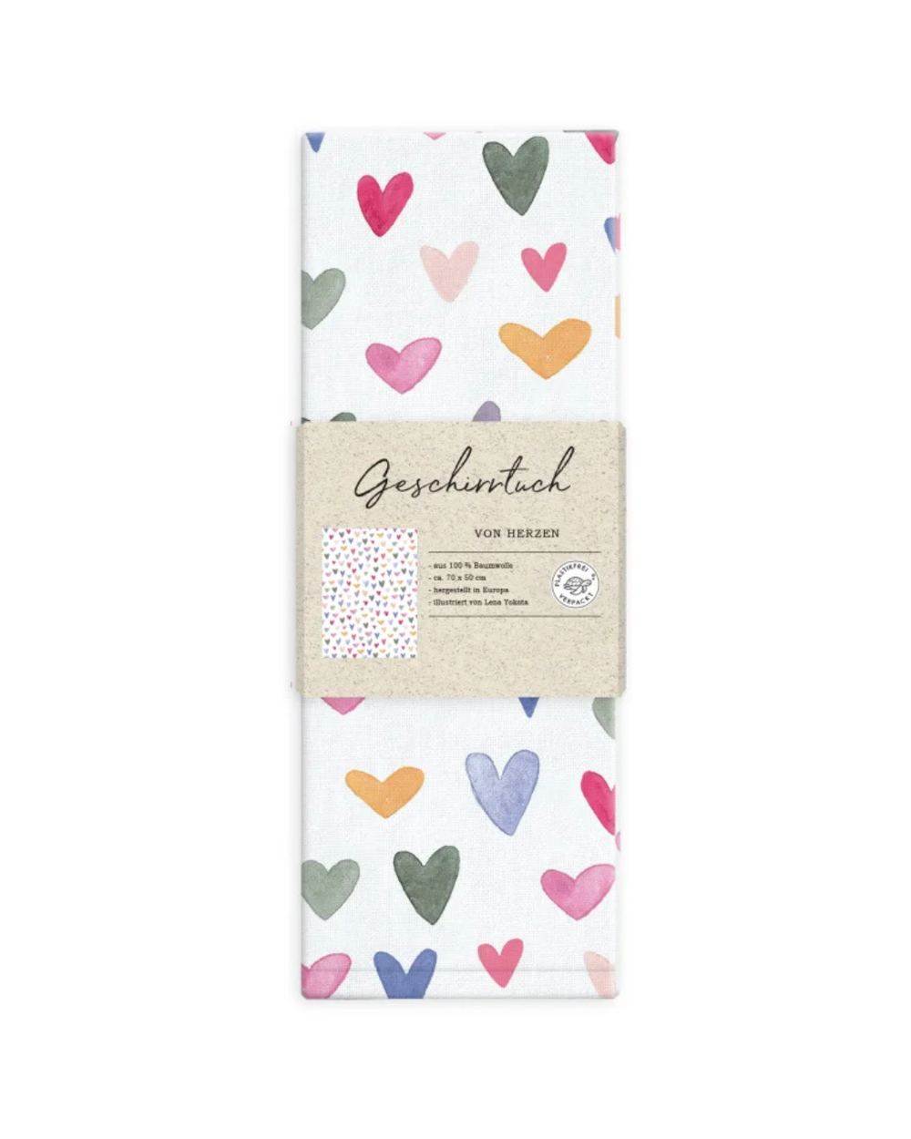 Gefaltetes Geschirrtuch „Von Herzen“ vom Grätz Verlag mit Papierbanderole, Herzmuster sichtbar, Produktinformationen auf der Verpackung, frontal dargestellt.