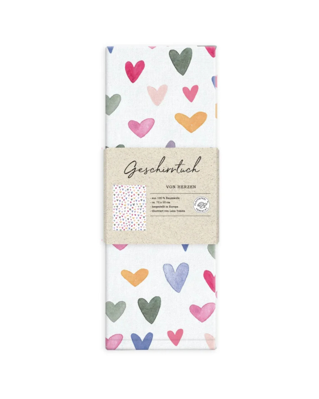 Gefaltetes Geschirrtuch „Von Herzen“ vom Grätz Verlag mit Papierbanderole, Herzmuster sichtbar, Produktinformationen auf der Verpackung, frontal dargestellt.