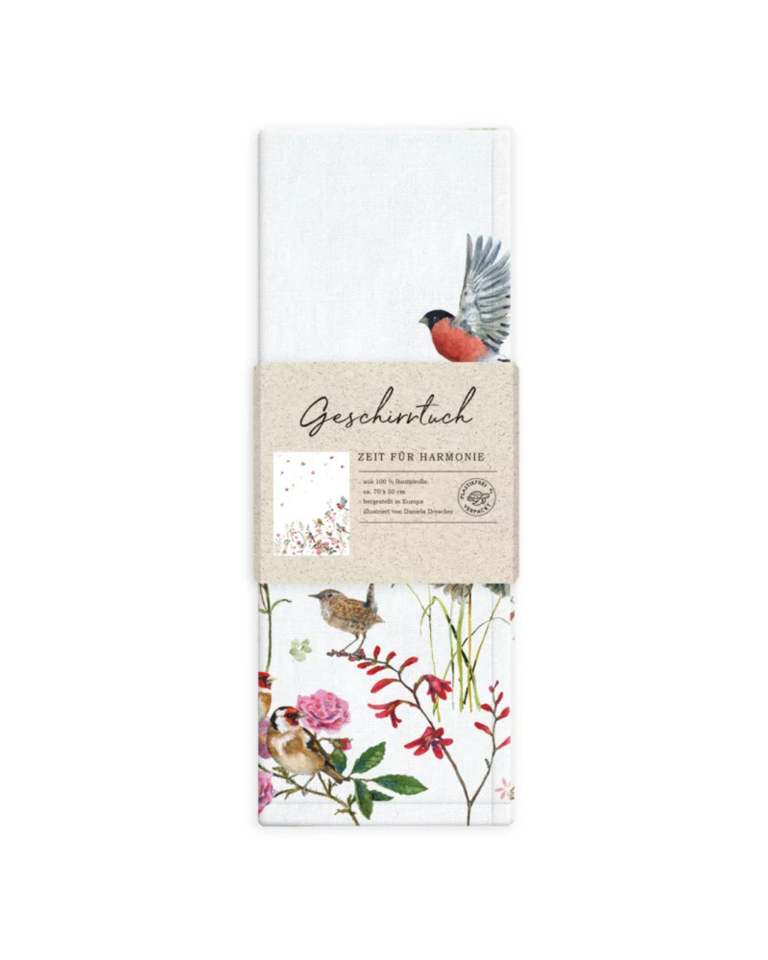 Verpackung des Geschirrtuchs Zeit für Harmonie vom Grätz Verlag – Illustration von Daniela Drescher mit Vogel im Flug, Wiese & Blumen.
